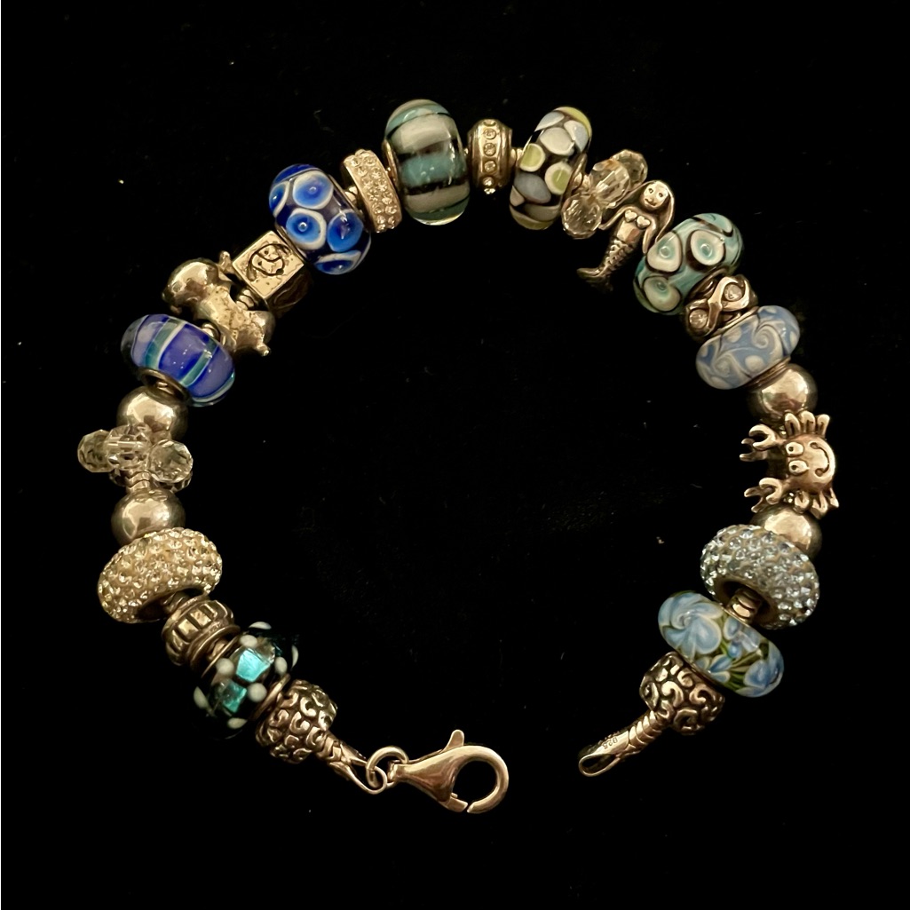 Pandora Style Sterling Silver & Murano Glass Beads & Charm Bracelet Italy